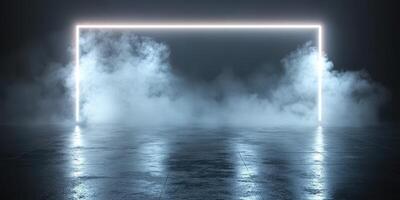 Luminous goalpost surrounded by mist in an empty sports arena at night photo