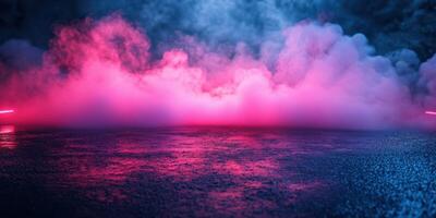 Vibrant fog creates an atmospheric effect in a colorful urban setting at night photo