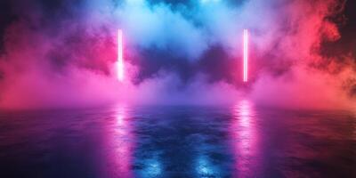 Colorful neon lights illuminate a misty dance floor in a vibrant, urban setting at night photo