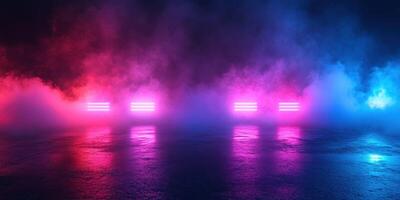 Colorful neon lights illuminate a foggy urban background at night photo