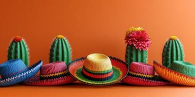 Colorful straw hats and cacti create a vibrant display against a bright orange background photo