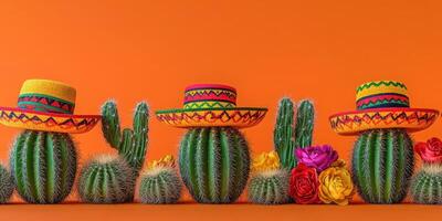 Colorful cacti wearing sombreros surrounded by vibrant flowers against an orange background photo