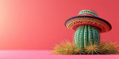 Colorful cactus wearing a sombrero on a vibrant pink background during a festive occasion photo