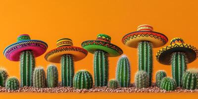 Colorful cacti wearing sombreros in a vibrant setting during a festive atmosphere photo