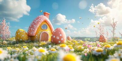 Colorful whimsical house surrounded by oversized decorated eggs in a bright flower-filled meadow under a sunny sky with butterflies photo