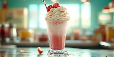 Delicious raspberry milkshake topped with whipped cream and fresh raspberries in a retro diner setting photo
