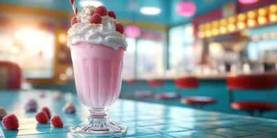 Delicious pink milkshake topped with whipped cream and raspberries in a colorful retro diner setting photo