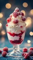 Delicious raspberry parfait with whipped cream and festive bokeh background inviting sweet indulgence at a summer gathering photo