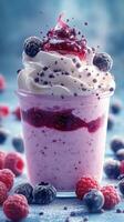 Delicious raspberry and blueberry dessert in a cup with whipped cream and berry syrup, perfect for summer refreshment photo