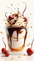 Delicious dessert featuring frosty whipped cream and rich chocolate syrup with cherries and sprinkles photo