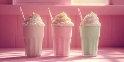 Colorful milkshakes served in tall glasses with whipped cream on a sunny afternoon photo
