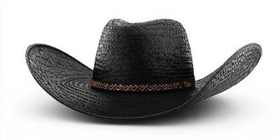 Stylish black straw sombrero with decorative band placed on a neutral background photo