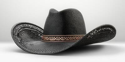 Traditional black straw cowboy hat showcasing intricate weaving patterns and a decorative band photo
