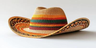 Colorful woven straw hat with vibrant patterns ideal for summer outdoor activities and festivals photo