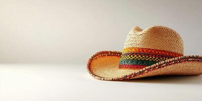 Straw cowboy hat resting on a flat surface with a simple background showcasing vibrant colors and textures photo