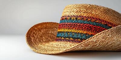 Colorfully woven straw hat resting on a light surface with intricate patterns and textures showcasing craftsmanship and design photo