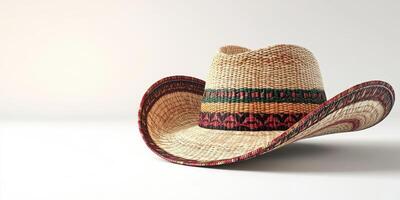 Traditional straw cowboy hat with decorative band displayed on a plain background photo