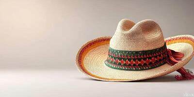 Traditional straw sombrero with vibrant trim displayed against a simple background photo
