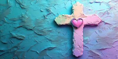 Colorful cross with heart detail on a textured background, representing love and faith in art photo