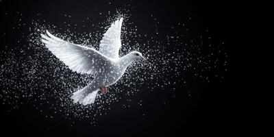 White dove gliding gracefully through a shower of sparkling particles in a dark background photo
