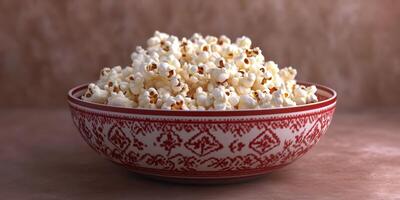 Freshly made popcorn served in a decorative bowl ready for movie night on a cozy evening photo