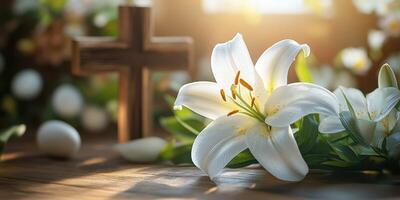 Elegant white lily placed beside a wooden cross in a serene indoor setting during morning light photo