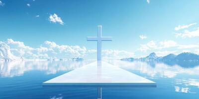 Floating cross in serene waters under a bright, cloudy sky photo