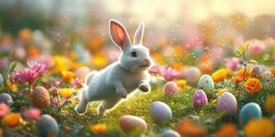 White rabbit hops joyfully through a vibrant flower garden filled with colorful Easter eggs on a sunny day photo
