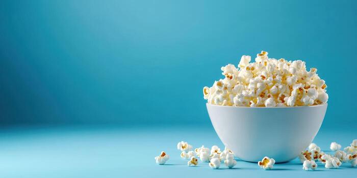 recién estalló palomitas de maiz en un blanco cuenco en contra un azul antecedentes con dispersado piezas alrededor eso foto