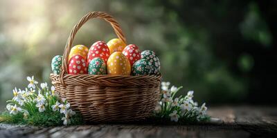 Colorful Easter eggs arranged beautifully in a wicker basket surrounded by spring flowers on a rustic wooden table photo