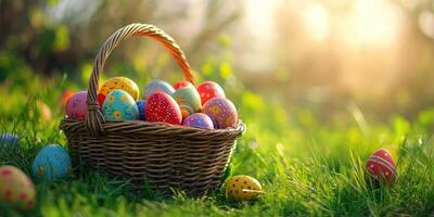 Colorful decorated eggs in a wicker basket on fresh green grass during a sunny spring day photo