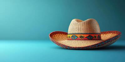 Traditional sombrero displayed against a vibrant blue background highlighting its intricate design and craftsmanship in a minimalist setting photo
