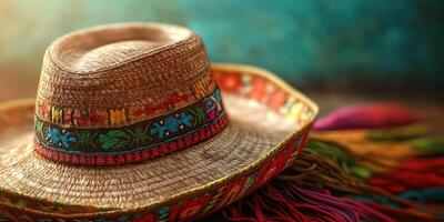 Traditional woven hat with vibrant colors and intricate details displayed on a colorful background in a warm, inviting light photo