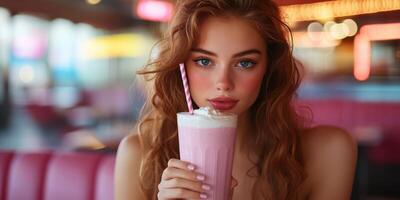 Young woman enjoys a pink milkshake in a vibrant diner setting during afternoon hours photo