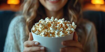 Enjoying a cozy movie night with a big bowl of popcorn in a warm living room atmosphere photo