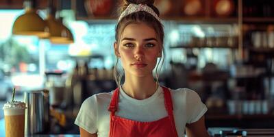Young barista serving coffee in a busy cafe during sunny afternoon with bright decor and relaxed atmosphere photo