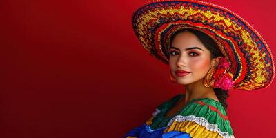 Colorful traditional attire adorned by a woman with a vibrant sombrero, showcasing cultural heritage in a bold setting photo