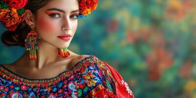 Traditional attire displayed by a woman with colorful floral accessories in a vibrant setting during a cultural celebration photo