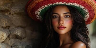 Young woman wearing a colorful sombrero poses against a rustic stone wall in a vibrant setting photo
