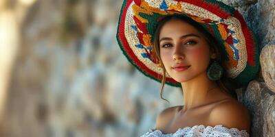 Young woman wearing a colorful sombrero near a stone wall during a sunny day in a picturesque outdoor setting photo