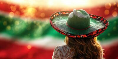 Celebrating cultural heritage with a woman in a vibrant hat against a colorful background at a festive event photo