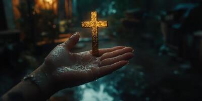 Holding a glowing cross in a rain-soaked landscape during twilight creates a hauntingly beautiful atmosphere photo