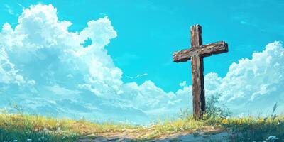 Wooden cross stands alone in a grassy landscape under a clear blue sky with fluffy clouds photo