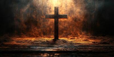 Symbolism of faith with a wooden cross illuminated by warm light in a dimly lit setting photo
