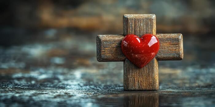 Heart-shaped decoration on a wooden cross resting on a textured surface in a tranquil setting photo