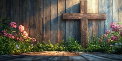Wooden cross adorned with flowers in a serene garden setting during golden hour light photo