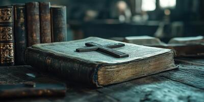 Antique book with a wooden cross placed on top in a rustic library setting photo