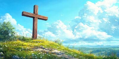 Wooden cross stands tall on a grassy hill under a blue sky filled with fluffy clouds in a peaceful rural landscape photo