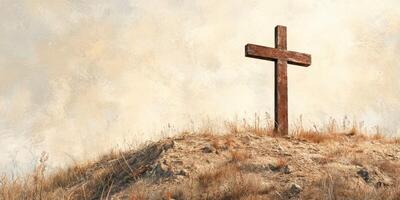 Rustic wooden cross stands alone on a grassy hillside under a cloudy sky at sunset photo