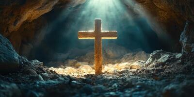 Light shines on a wooden cross in a cave, symbolizing hope and resurrection photo